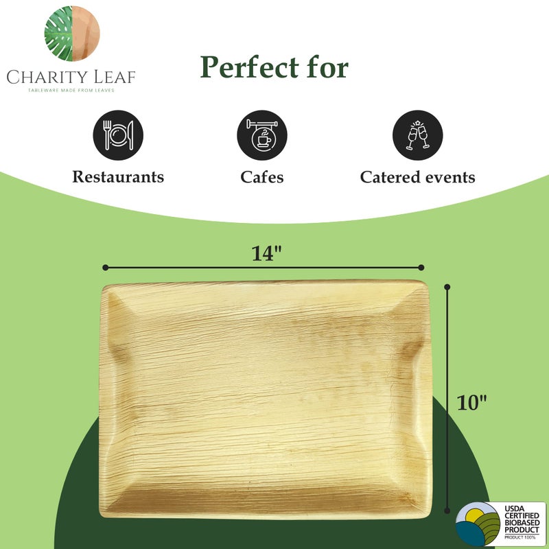 Charity Leaf Disposable Palm Leaf 14" x 10" Trays (10 pieces) Bamboo Like Serving Platters, Disposable Boards, Eco-Friendly Dinnerware For Weddings, Catering, Events - Image 3